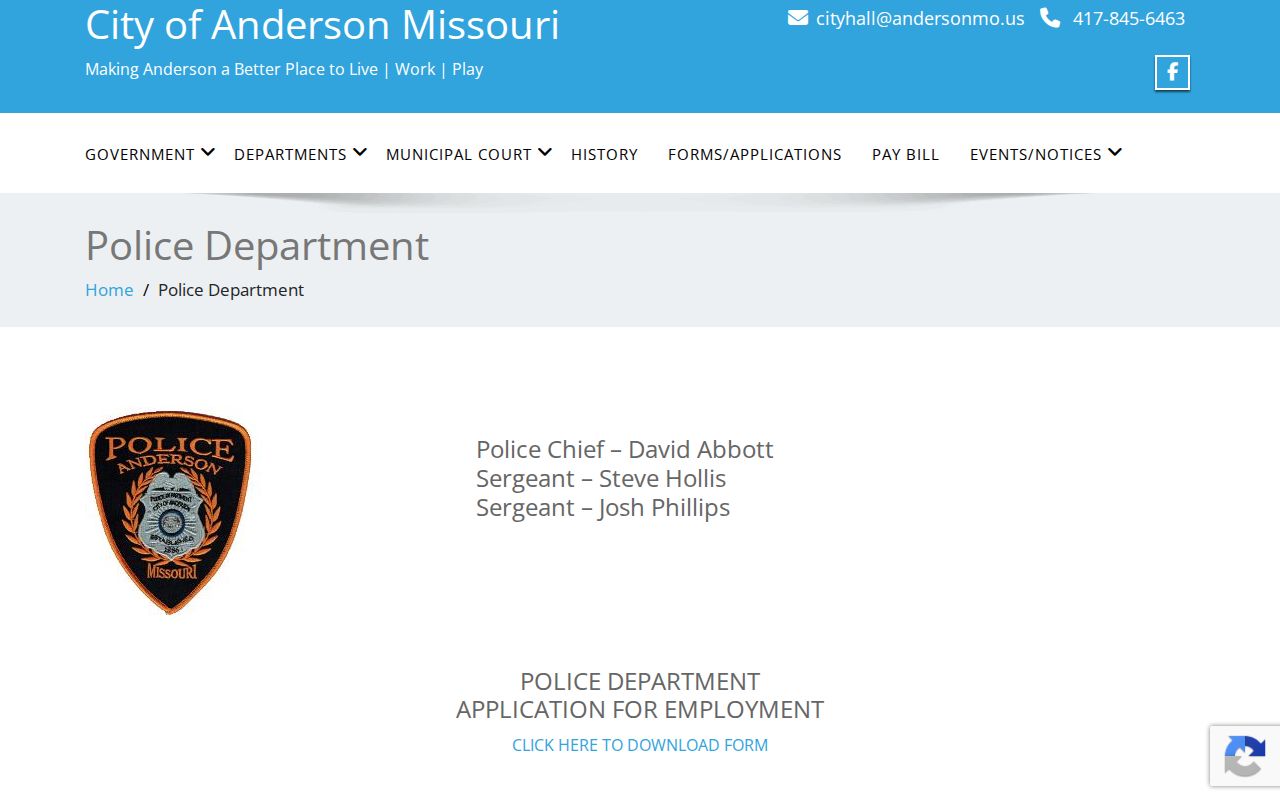 Anderson criminal records Police Department page