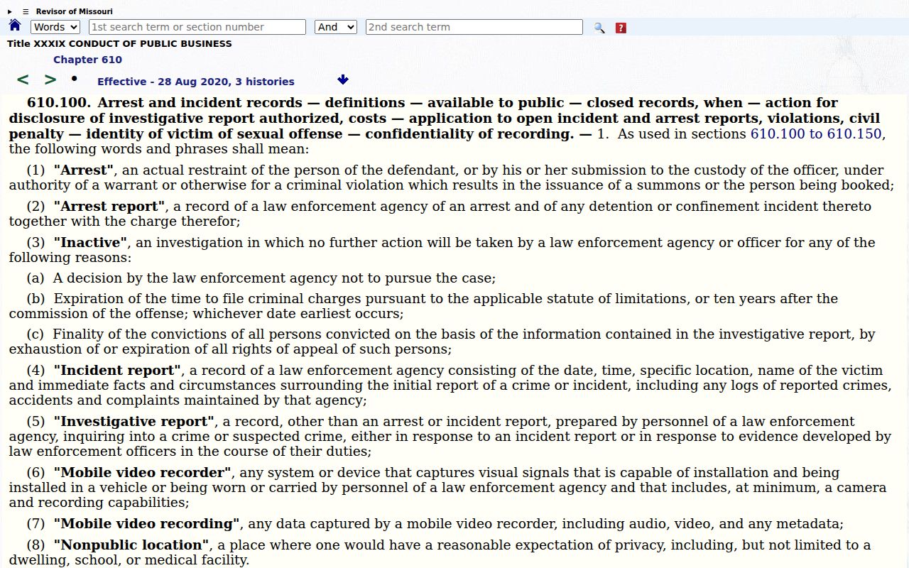 Missouri law governing McDonald County arrest record access