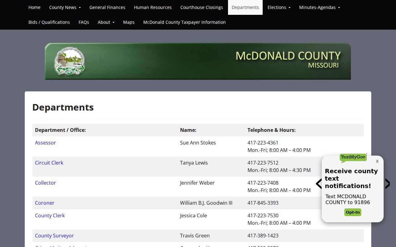 McDonald County criminal records department contact directory
