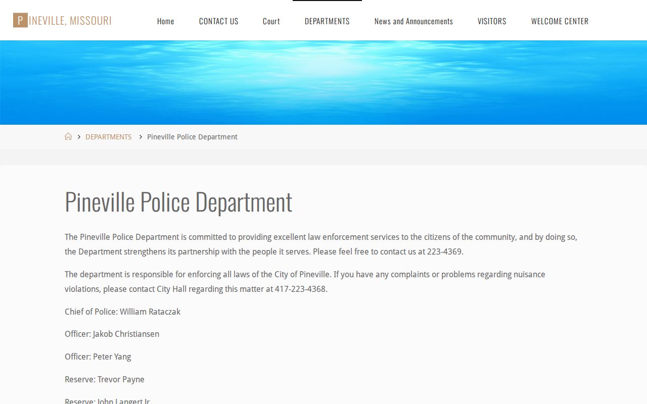 Pineville criminal records Police Department page
